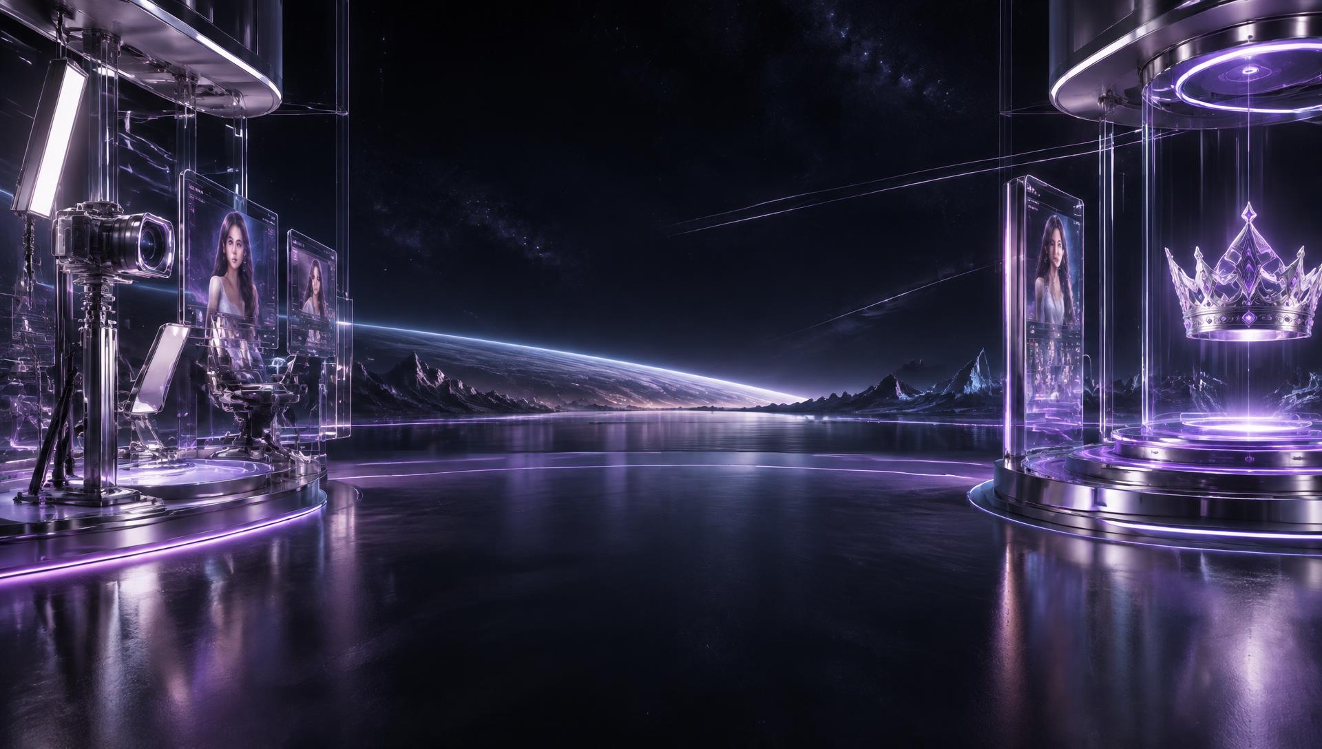 Futuristic holographic livestream studio with illuminated broadcast windows and a silver crown